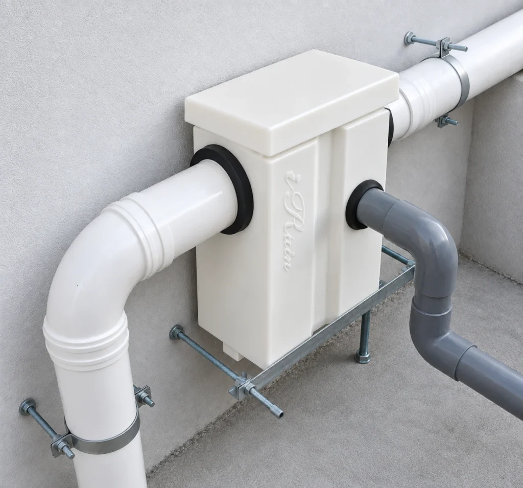 Automatic rainwater pre-screen filter providing physical interception of leaves, twigs, and coarse organic matter.