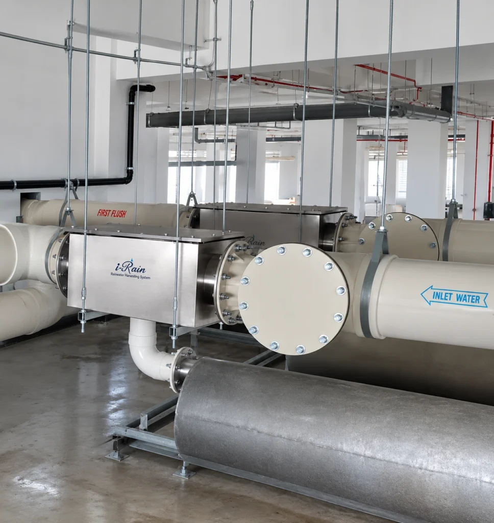 I-RAIN integrated rainwater harvesting architecture combining pre-screen filtration, first-flush diversion, and auto top-up.
