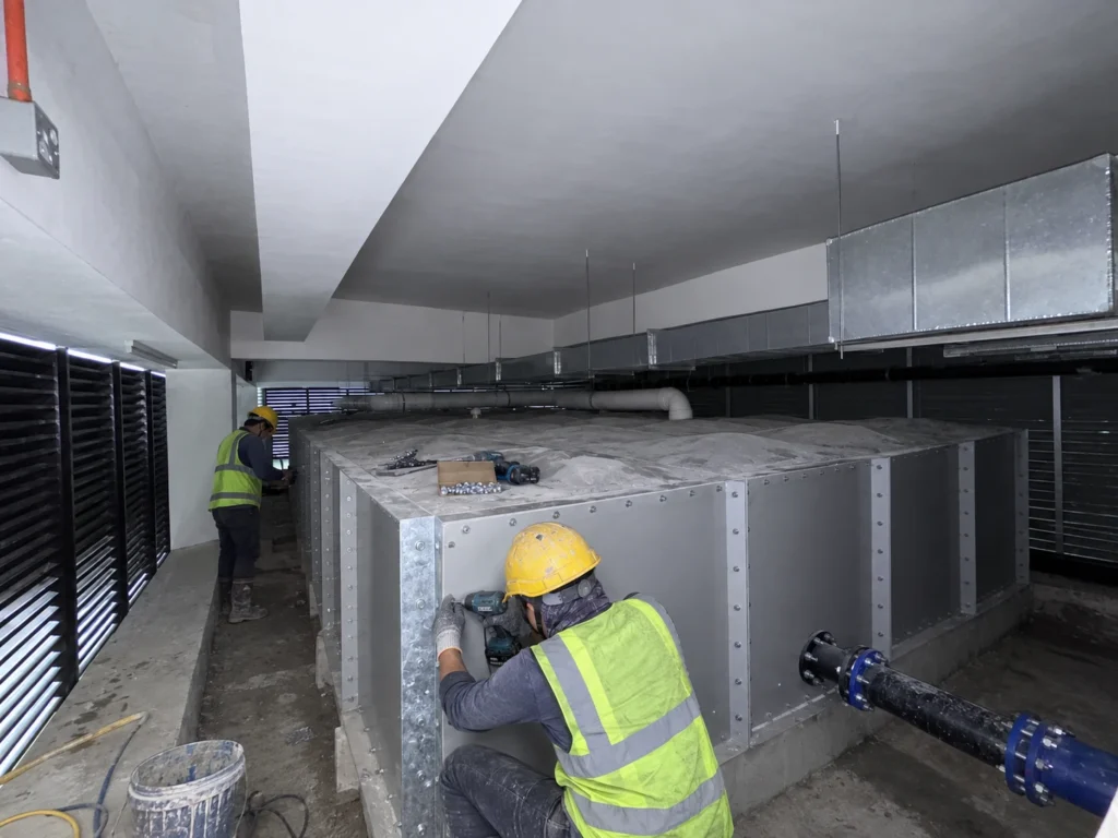 Commercial High-Rise Rainwater Harvesting Pressed Steel Modular Tank Installation by Technicians - I Controls Solution Malaysia